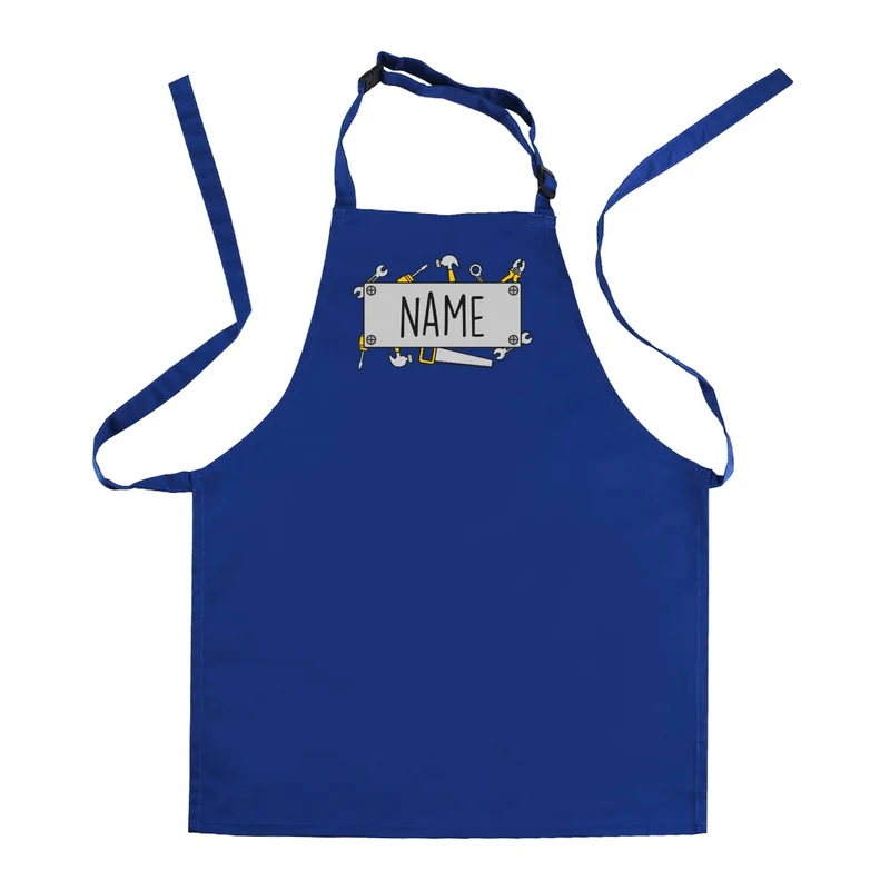 Blaue Werkenschürze für Kinder mit Handwerkermotiv und Namensaufdruck