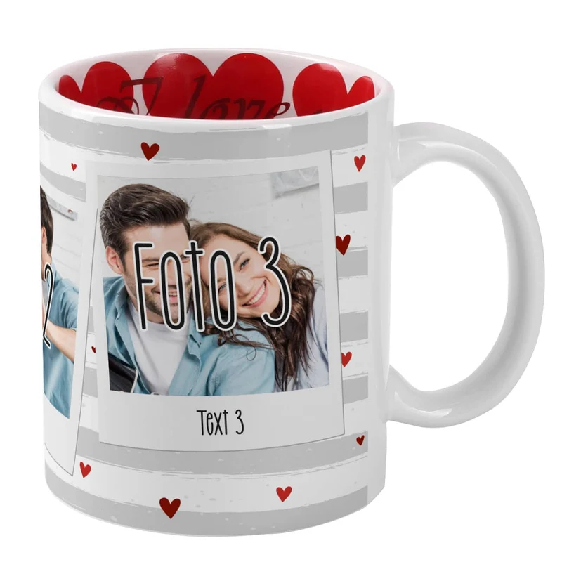 Fototasse zum Valentinstag mit 3 Fotos, Wunschtexten und Herzen