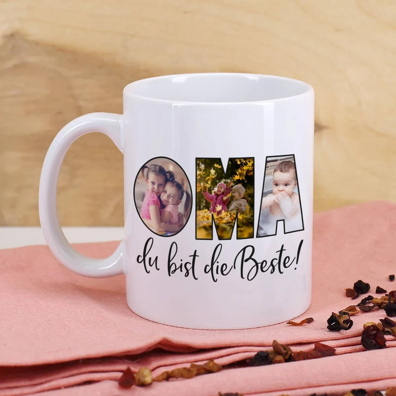 Fototasse - Oma du bist die Beste - mit 3 Bildern bedruckt