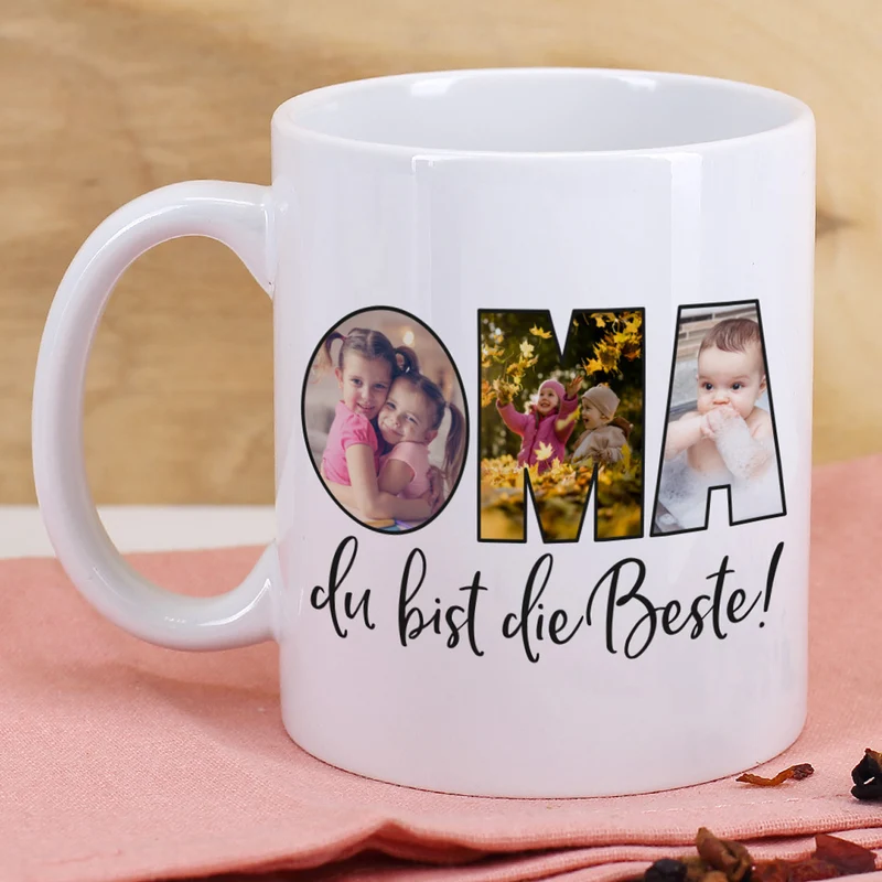 Fototasse - Oma du bist die Beste - mit 3 Bildern bedruckt