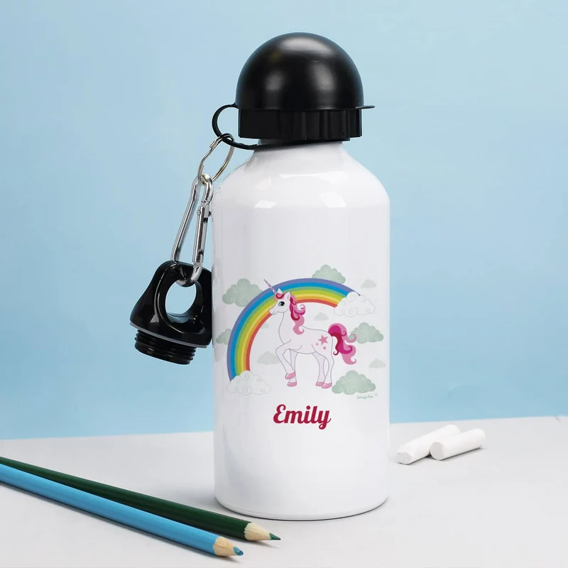 Trinkflasche mit Einhorn, Regenbogen und Name