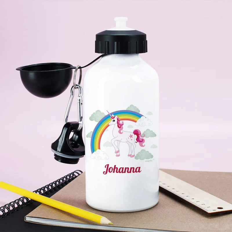 Trinkflasche mit Einhorn, Regenbogen und Name