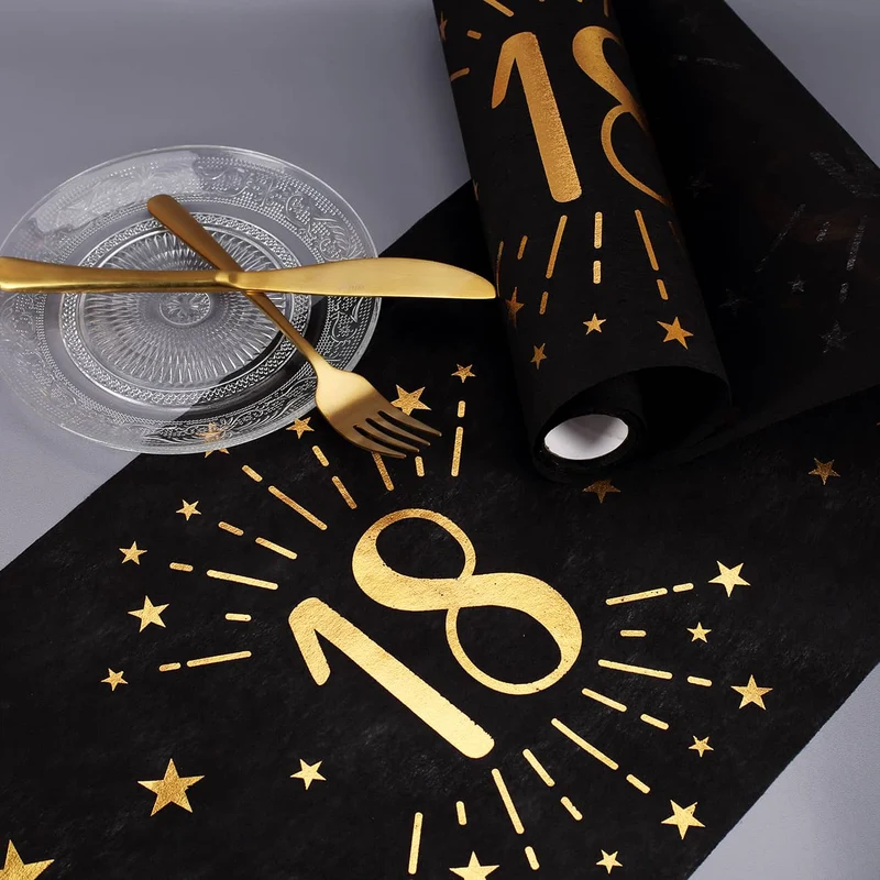Tischläufer aus Vlies zum 18. Geburtstag - schwarz/gold