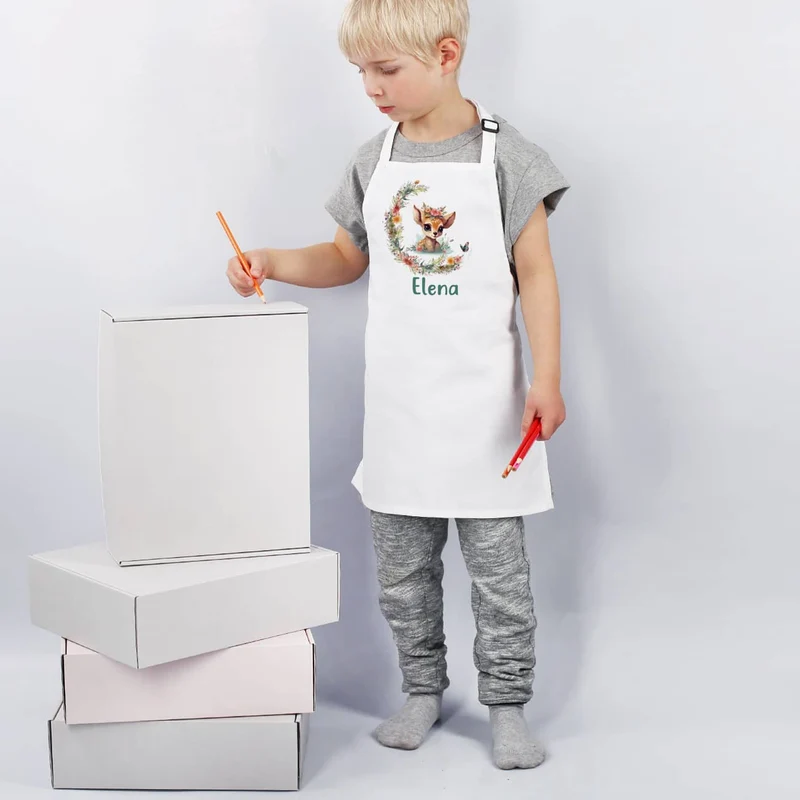 Kinderschürze mit Rehkitz-Motiv und Name