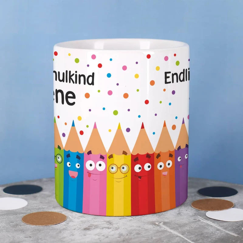 Endlich Schulkind Tasse mit lustigem Stiftemotiv und Namensaufdruck
