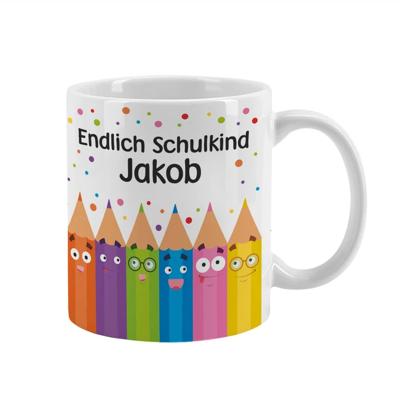 Endlich Schulkind Tasse mit lustigem Stiftemotiv und Namensaufdruck
