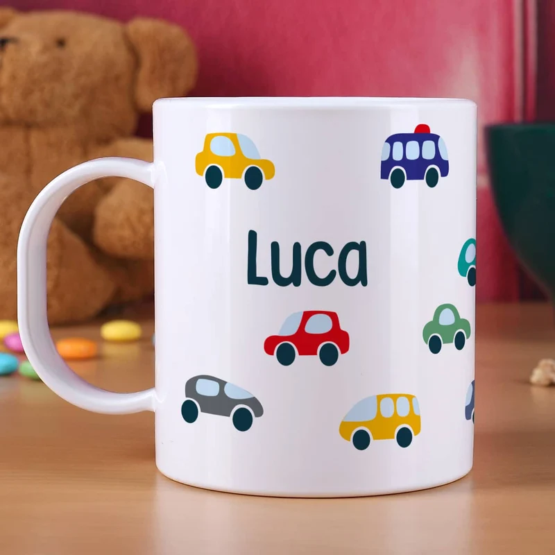 Leichte Kunststofftasse für Kinder mit Autos bedruckt