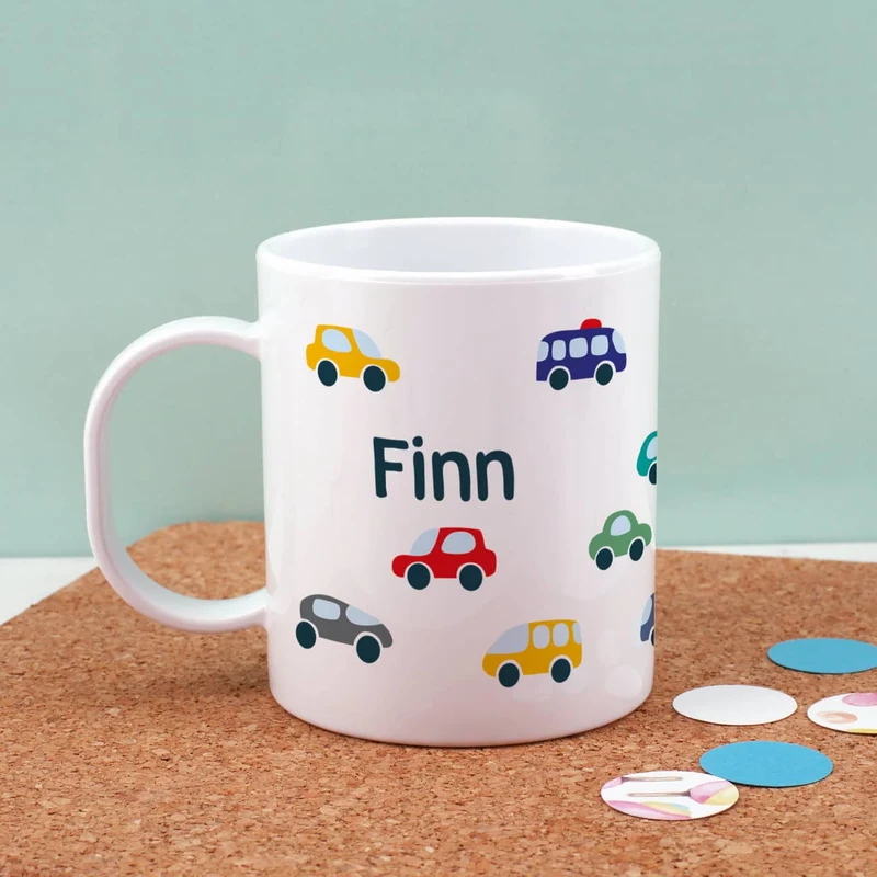 Leichte Kunststofftasse für Kinder mit Autos bedruckt