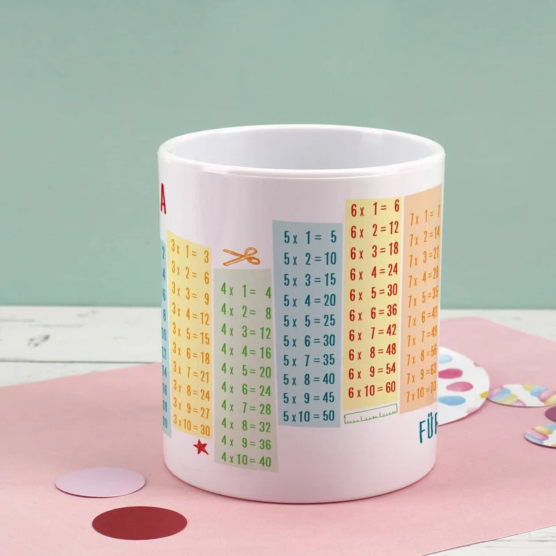 Bruchfeste Tasse zum Schulanfang mit Einmaleins und Wunschtext als Geschenk für Kinder