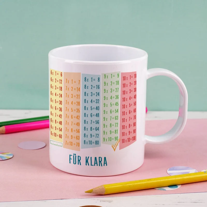 Bruchfeste Tasse zum Schulanfang mit Einmaleins und Wunschtext als Geschenk für Kinder