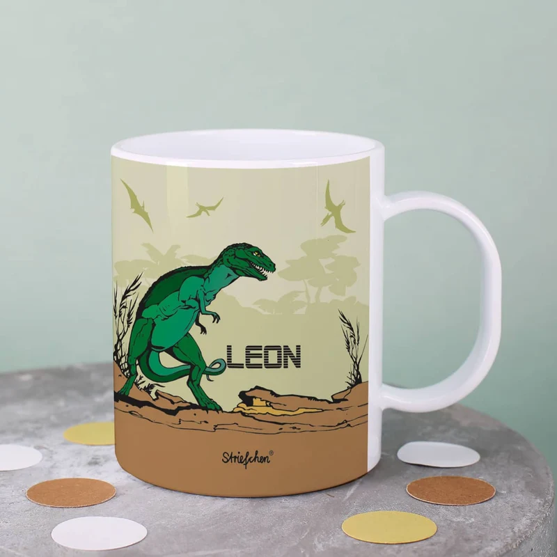 Schöne Kindertasse mit Dinosaurier und Namen des Kindes | Geschenk für Einschulung & Kinder