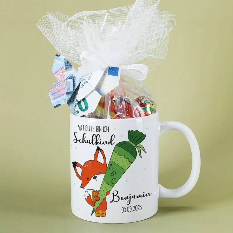 Ab jetzt Schulkind - Tasse mit niedlichem Fuchsmotiv als Geschenk zur Einschulung