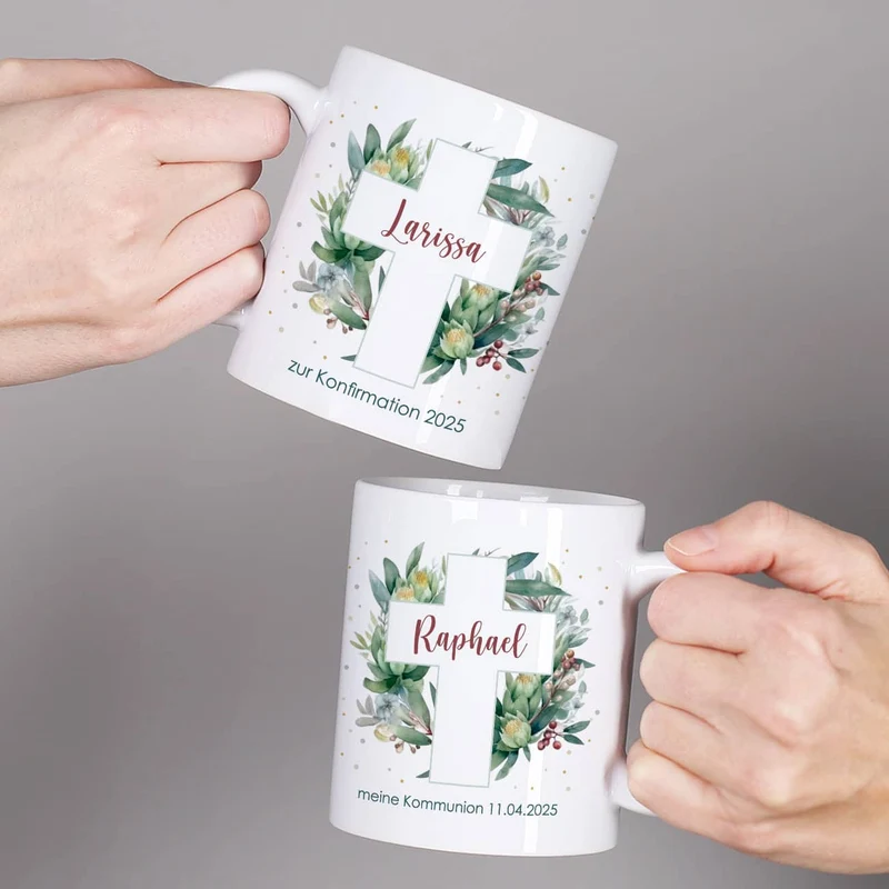 Tasse zur Kommunion oder Konfirmation mit Blätterkreuz-Motiv