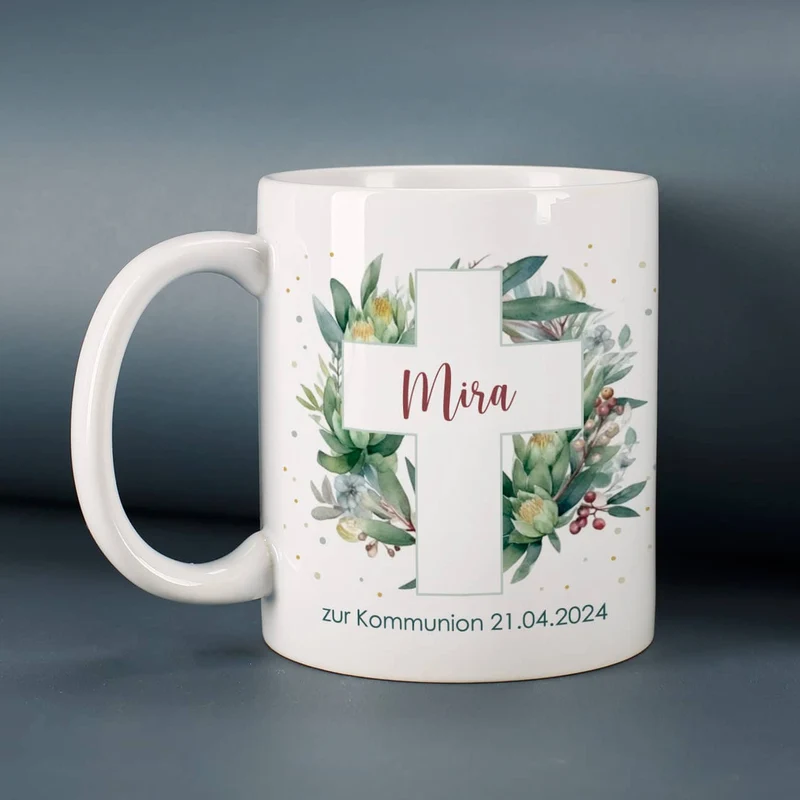 Tasse zur Kommunion oder Konfirmation mit Blätterkreuz-Motiv