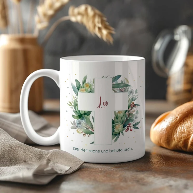 Tasse zur Kommunion oder Konfirmation mit Blätterkreuz-Motiv
