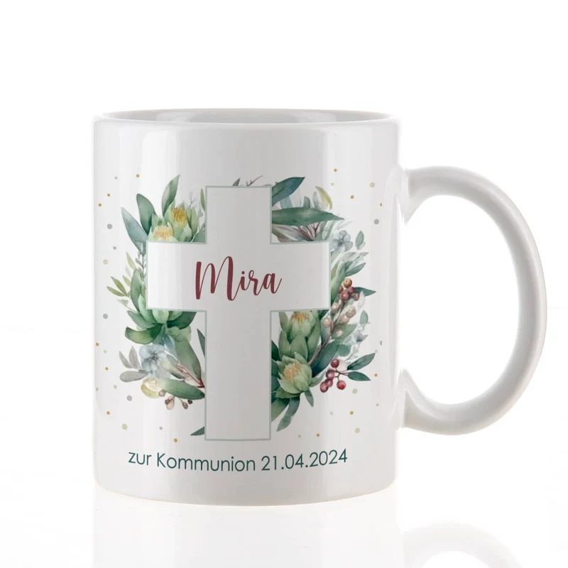 Tasse zur Kommunion oder Konfirmation mit Blätterkreuz-Motiv