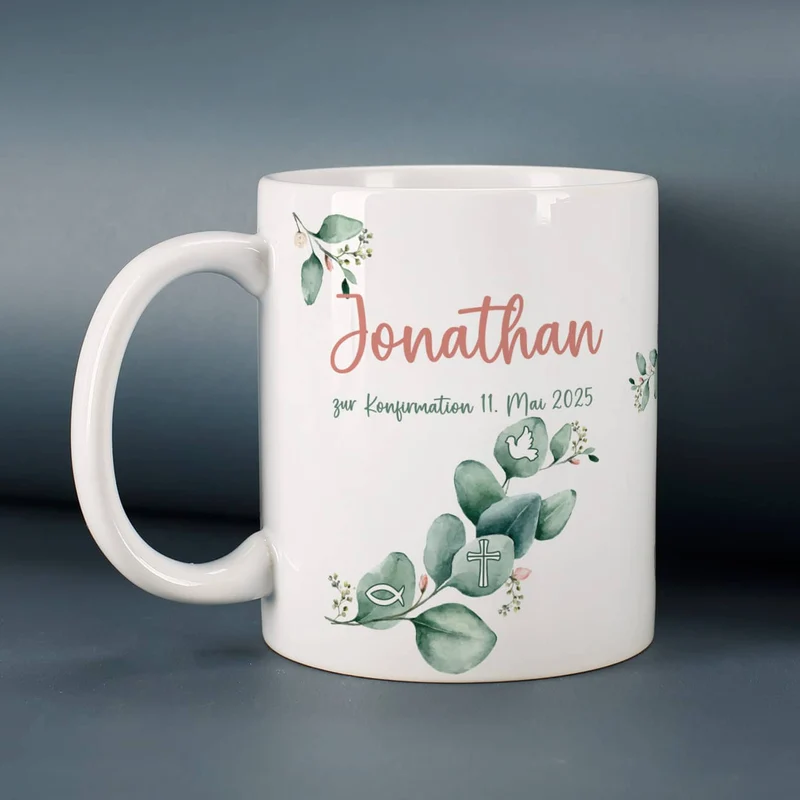 Tasse mit Eukalyptuszweig zur Kommunion, Konfirmation und mehr