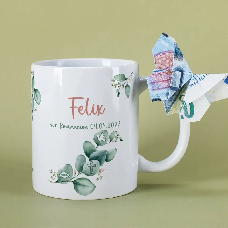 Tasse mit Eukalyptuszweig zur Kommunion, Konfirmation und mehr