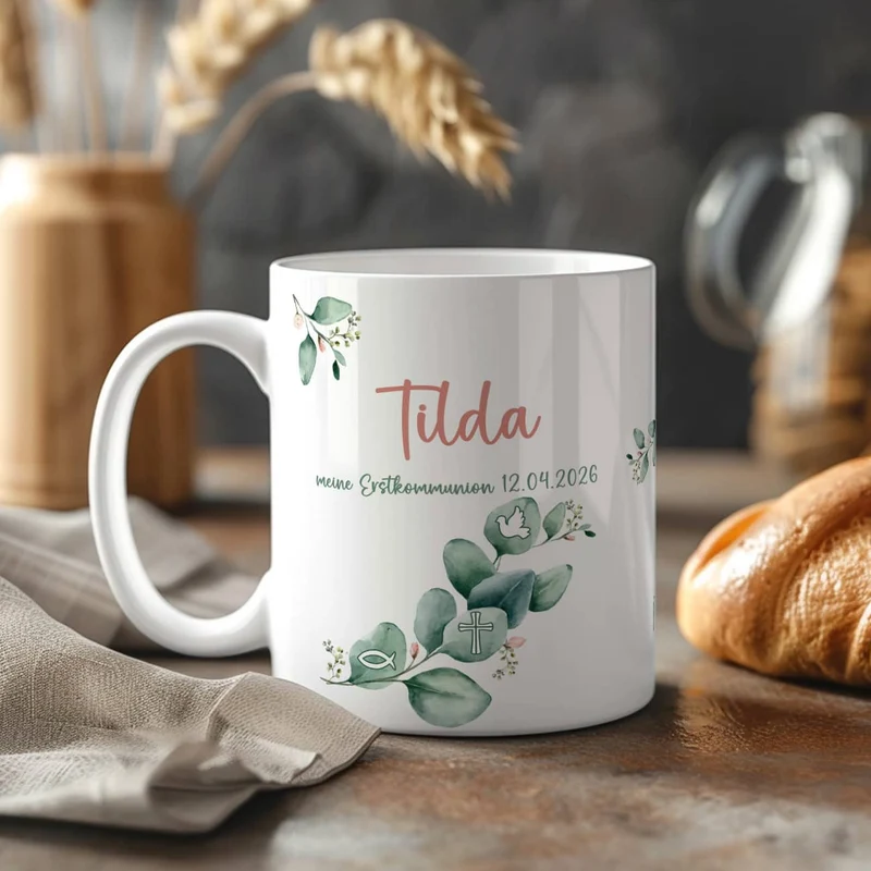 Tasse mit Eukalyptuszweig zur Kommunion, Konfirmation und mehr