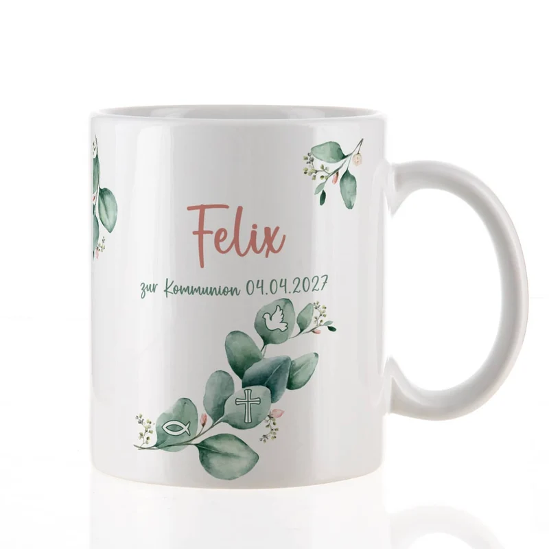 Tasse mit Eukalyptuszweig zur Kommunion, Konfirmation und mehr