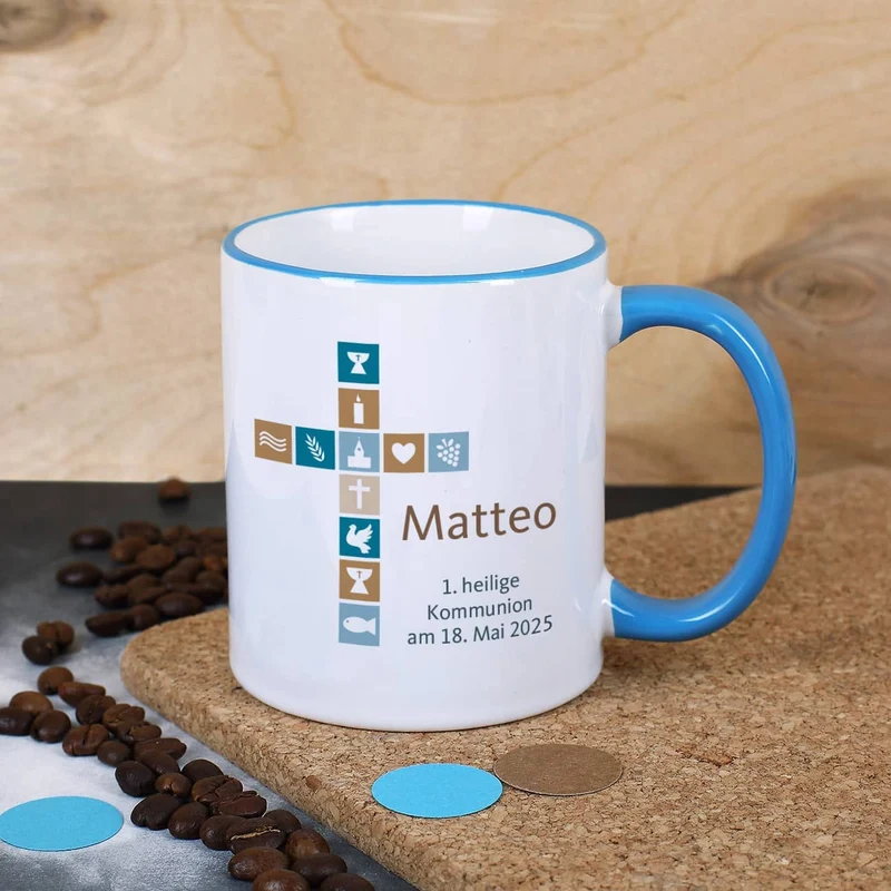 Tasse für Jungen zur Kommunion, Konfirmation oder Taufe mit Kreuz, Name und Wunschtext