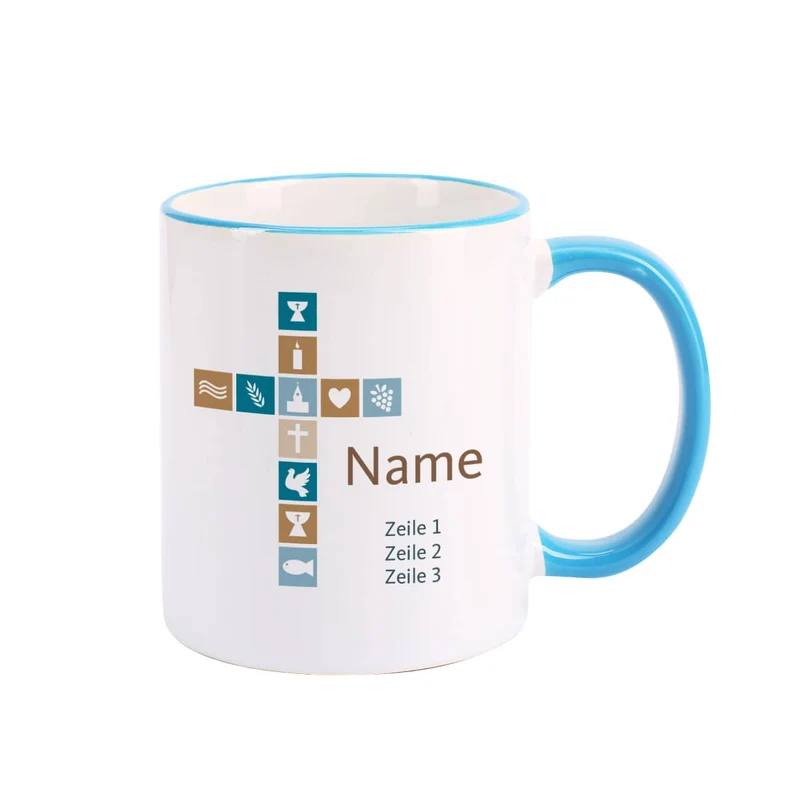 Tasse für Jungen zur Kommunion, Konfirmation oder Taufe mit Kreuz, Name und Wunschtext