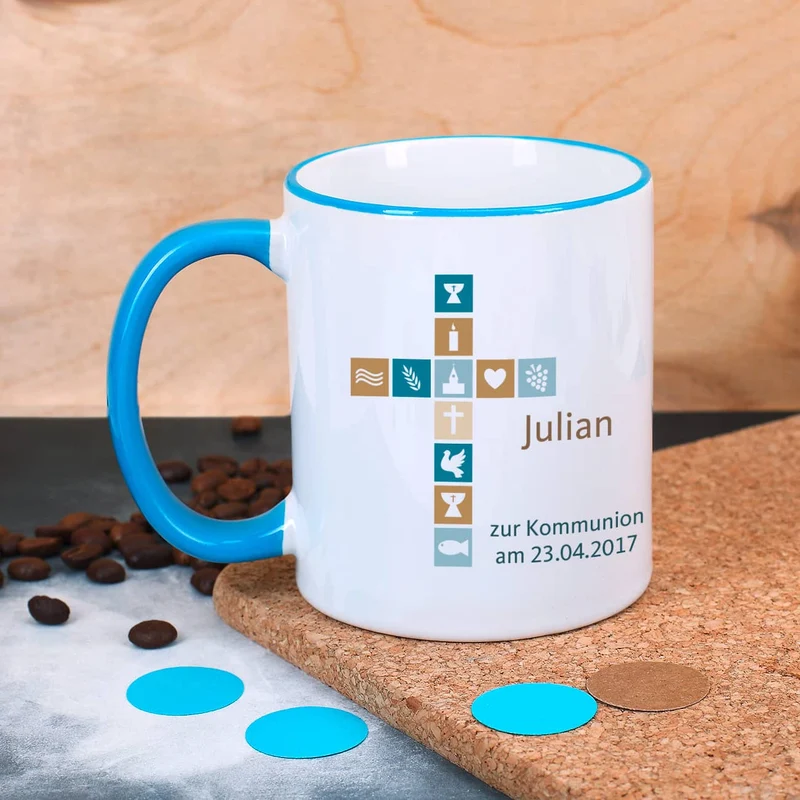 Tasse für Jungen zur Kommunion, Konfirmation oder Taufe mit Kreuz, Name und Wunschtext