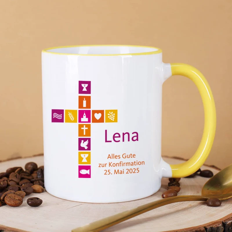 Tasse für Mädchen zu religiösem Anlass mit buntem Kreuz, Name und Wunschtext