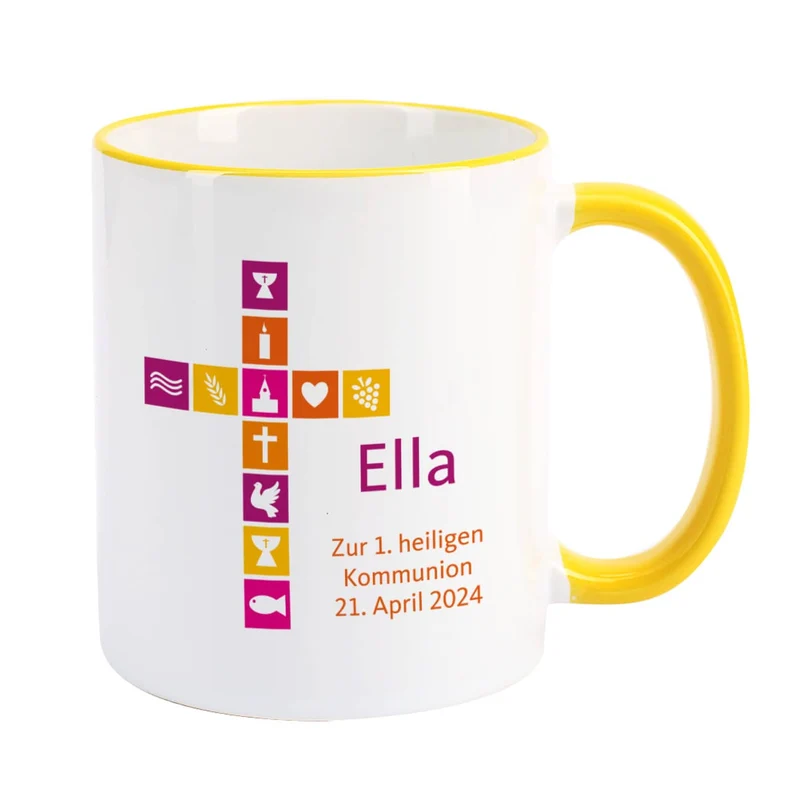 Tasse für Mädchen zu religiösem Anlass mit buntem Kreuz, Name und Wunschtext
