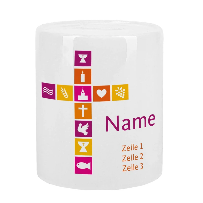 Spardose für Mädchen zur Taufe, Kommunion, Konfirmation mit Kreuz, Name und Wunschtext
