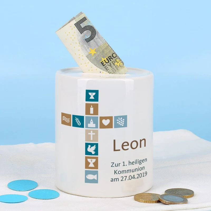 Spardose für Jungen zur Kommunion, Konfirmation oder Taufe mit Kreuz, Name und Wunschtext
