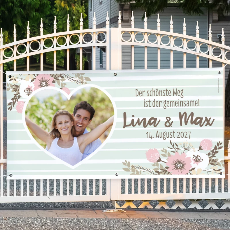 Florales Hochzeitsbanner mit Foto, Namen und Datum