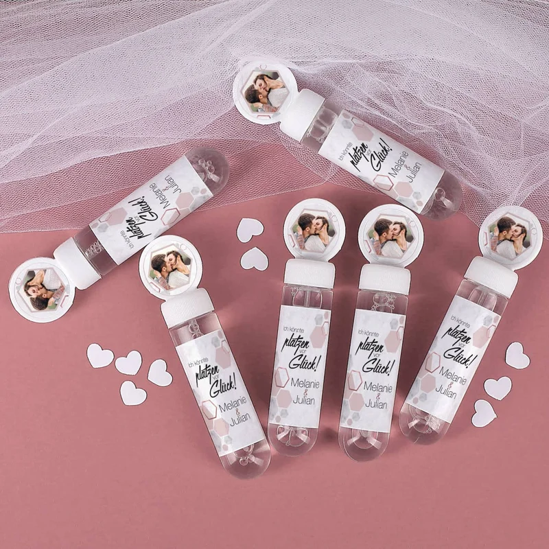 Seifenblasen 6er Set im Marmor Design zur Hochzeit mit Foto