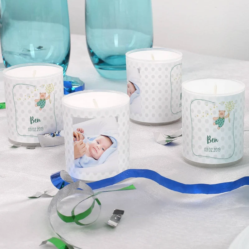 4 Foto-Kerzen als Tischdeko für Taufe oder Babypullern - blau