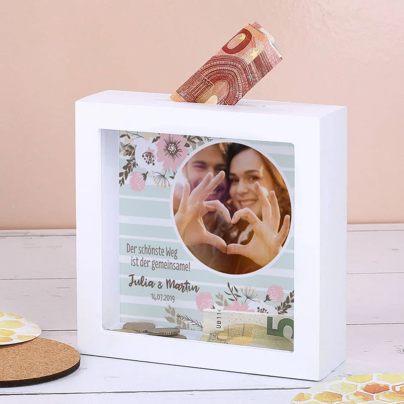 Geldgeschenk zur Hochzeit - Bilderrahmen Spardose mit Foto, Namen und Datum