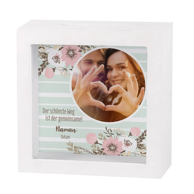 Geldgeschenk zur Hochzeit - Bilderrahmen Spardose mit Foto, Namen und Datum