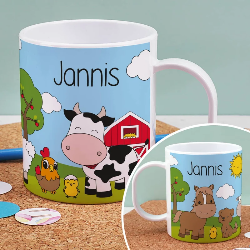 Kunststofftasse mit Bauernhoftieren und Ihrem Wunschnamen bedruckt | Tasse als Geschenk für Kinder