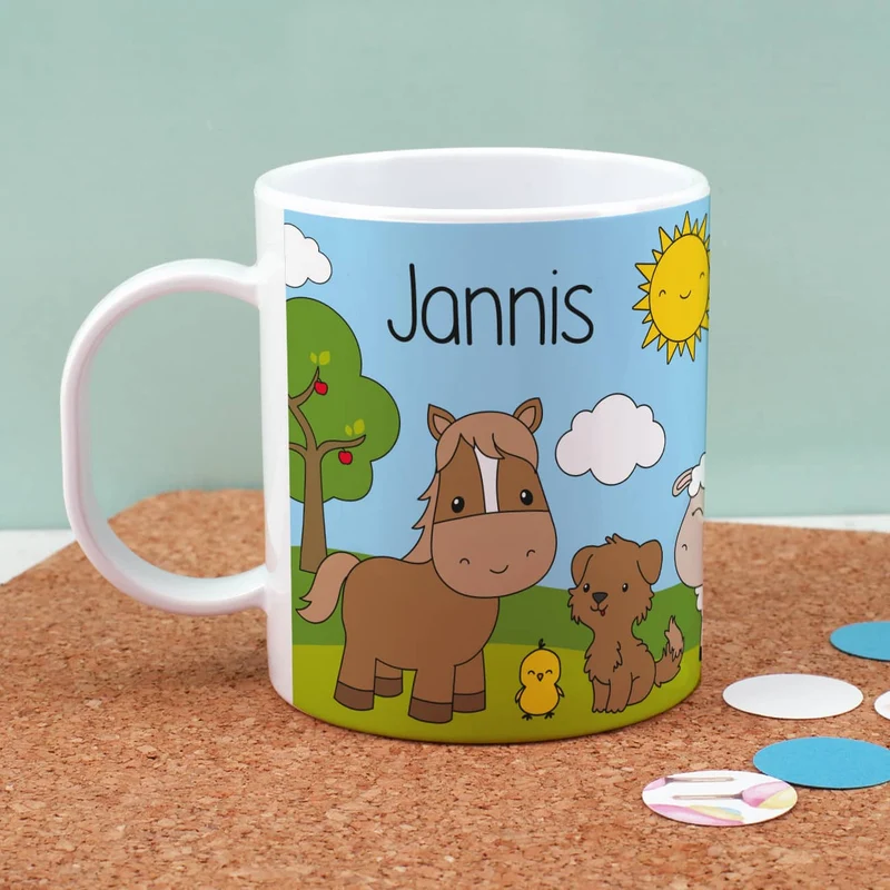 Kunststofftasse mit Bauernhoftieren und Ihrem Wunschnamen bedruckt | Tasse als Geschenk für Kinder