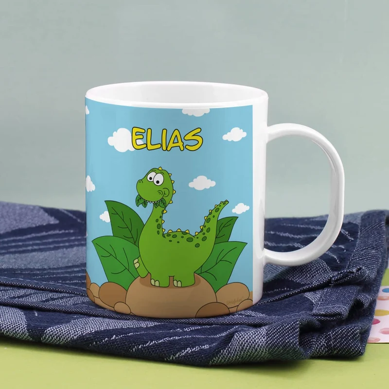 Kindertasse aus Kunststoff mit kleinem Dino und Ihrem Namen