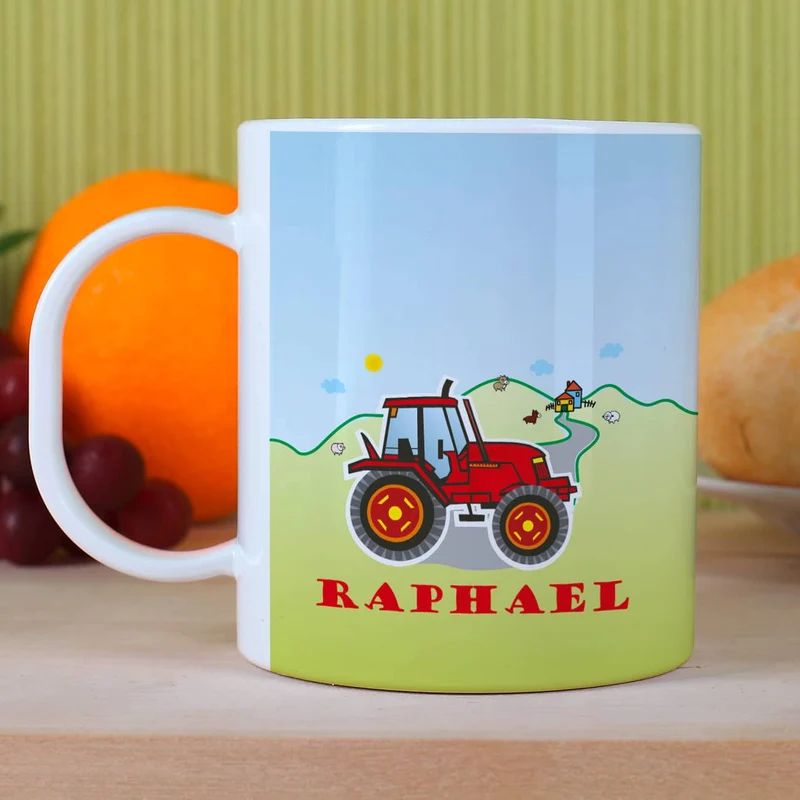 Kindertasse mit rotem Traktor und Wunschname | Geschenk für Kinder & Kindergarten