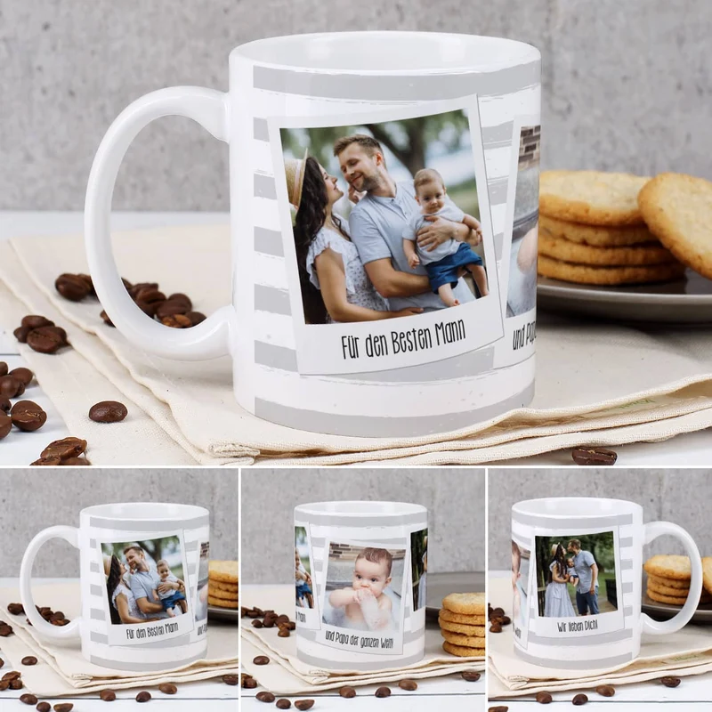Tasse mit Ihren drei Lieblingsbildern und Wunschtexten