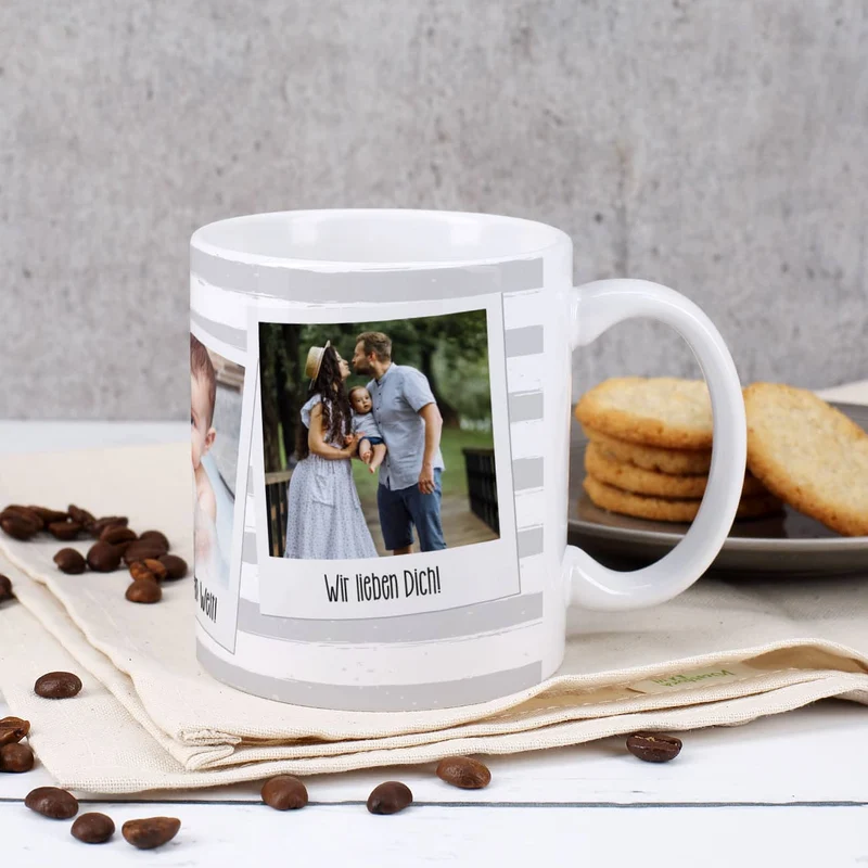 Tasse mit Ihren drei Lieblingsbildern und Wunschtexten