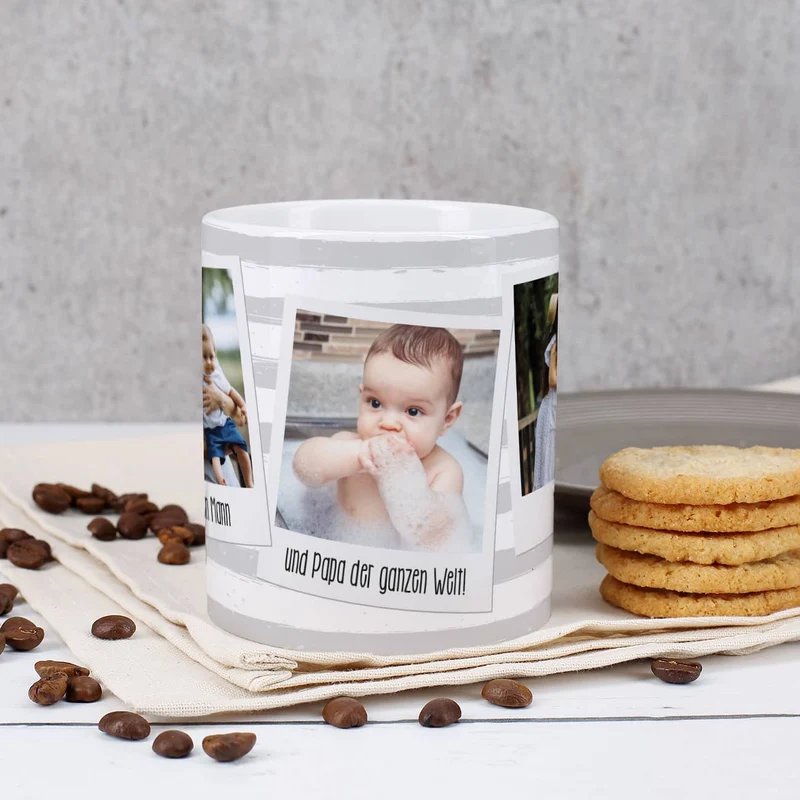 Tasse mit Ihren drei Lieblingsbildern und Wunschtexten