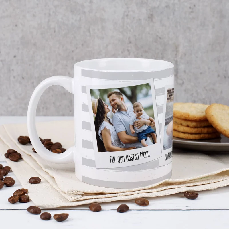 Tasse mit Ihren drei Lieblingsbildern und Wunschtexten
