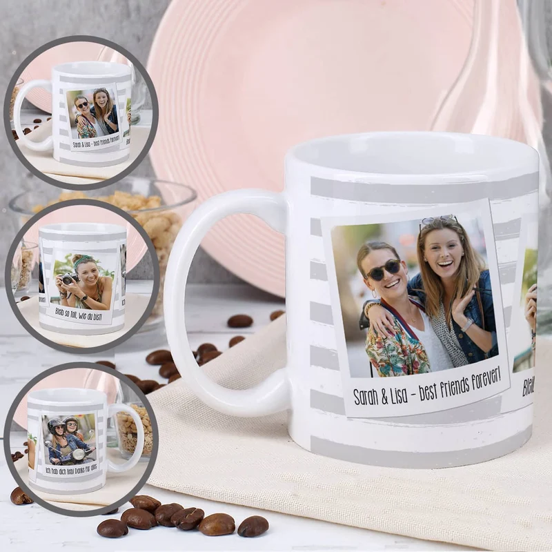Tasse mit Ihren drei Lieblingsbildern und Wunschtexten