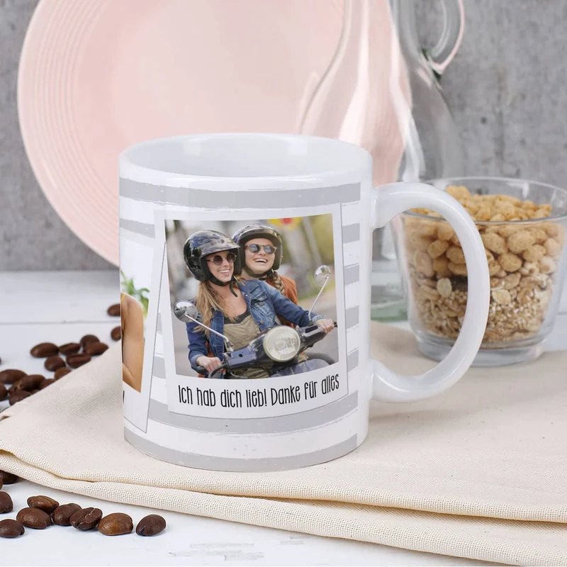 Tasse mit Ihren drei Lieblingsbildern und Wunschtexten
