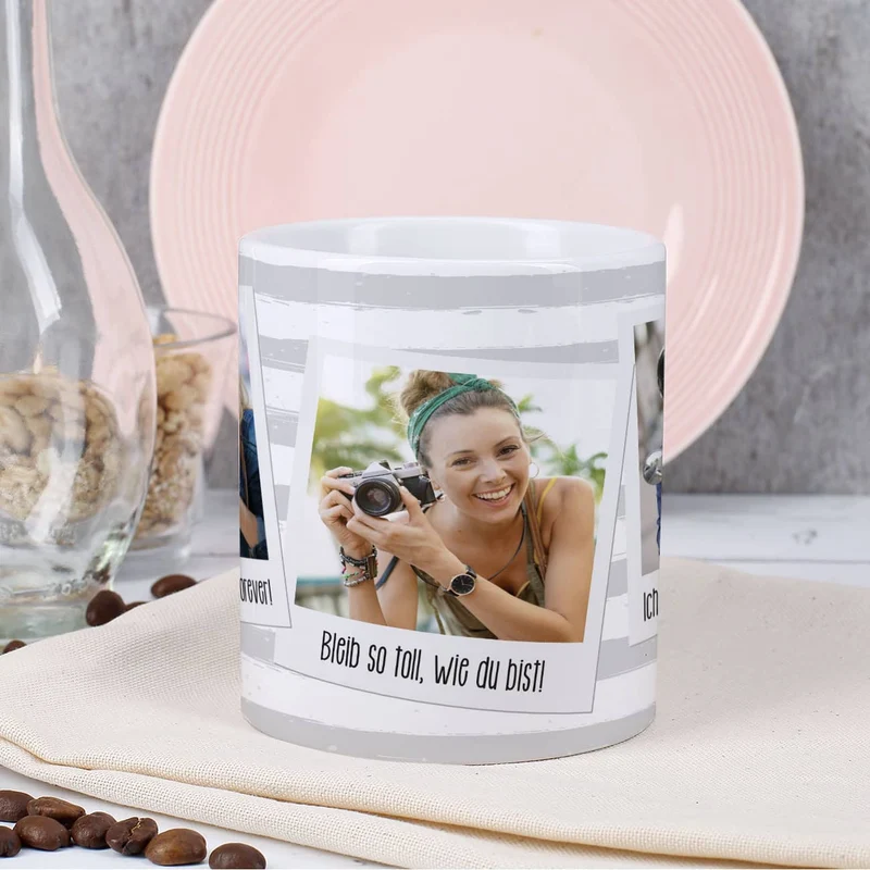 Tasse mit Ihren drei Lieblingsbildern und Wunschtexten