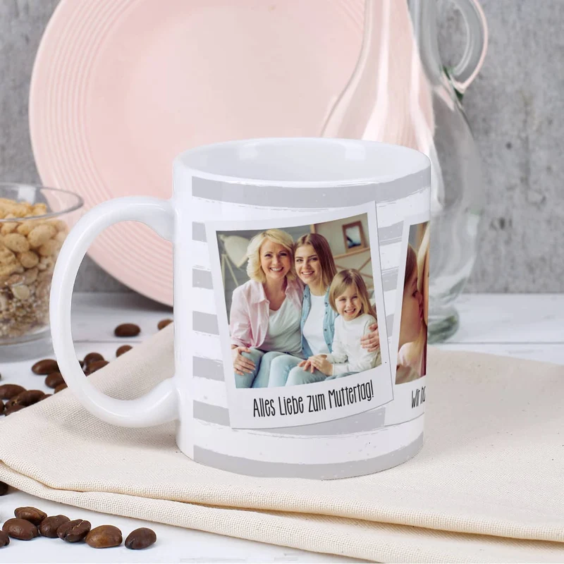 Tasse mit Ihren drei Lieblingsbildern und Wunschtexten