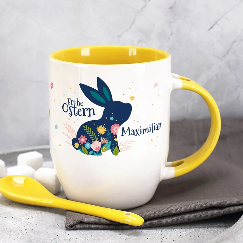 Frohe Ostern - Löffeltasse mit Osterhase und Name | Ostergeschenk