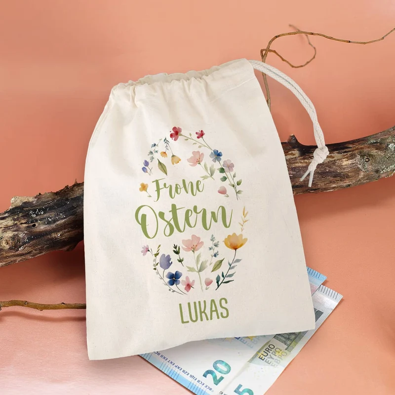 Kleines Ostersäckchen mit Blumen-Motiv & Name, 14x20 cm